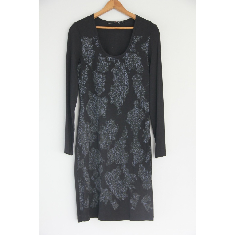 Yest Amika Stretchy Sheath Knit Dress Black Blue Lace Print Design XS $81 #199